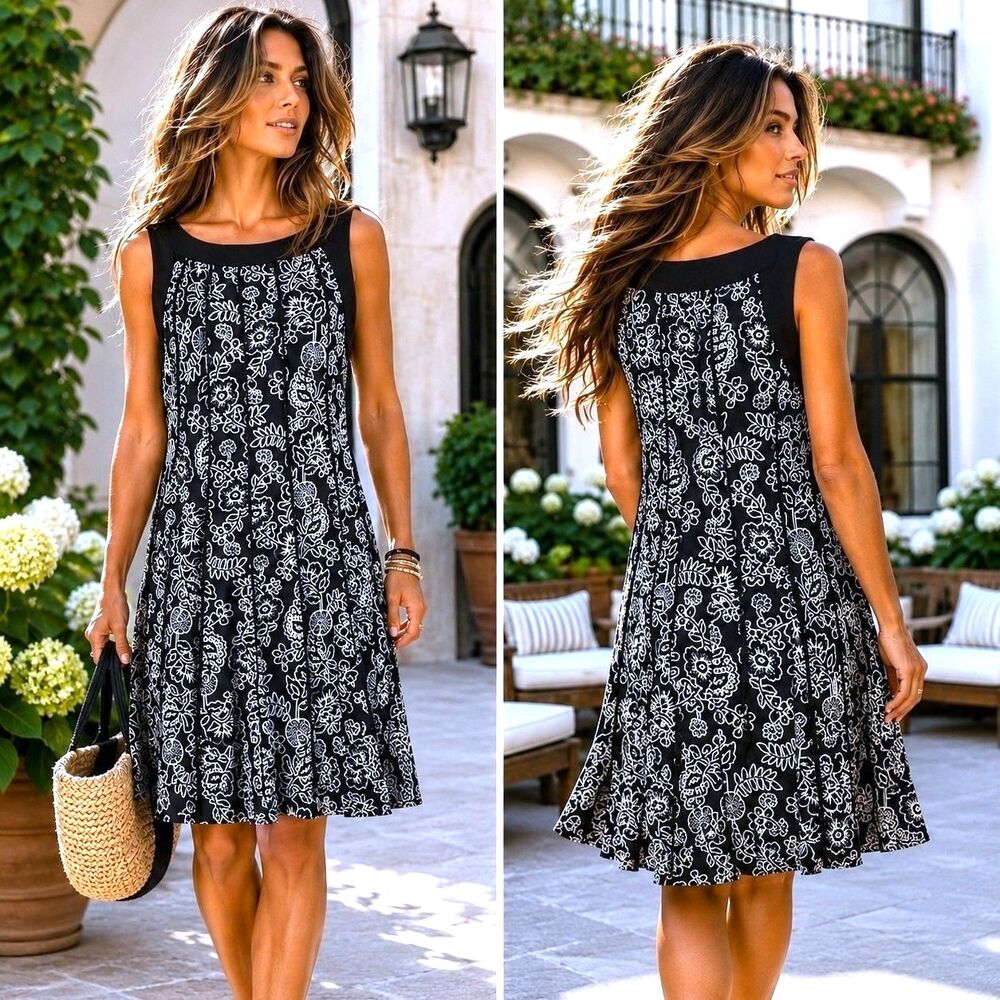 Perceptions M Black Floral Modern Shift Dress Textured Sleeveless Office Resort